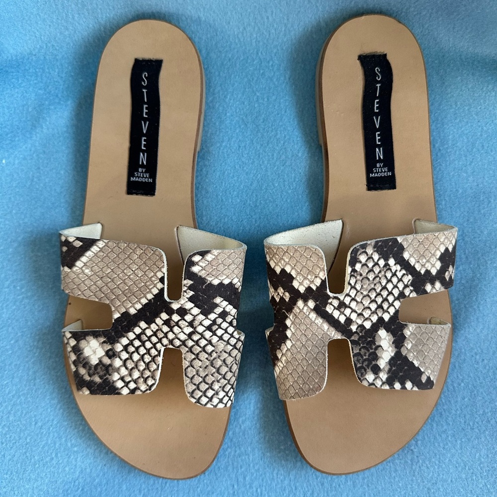 Steven Steve Madden Greece Sandals Slides in Snakeskin Print Leather